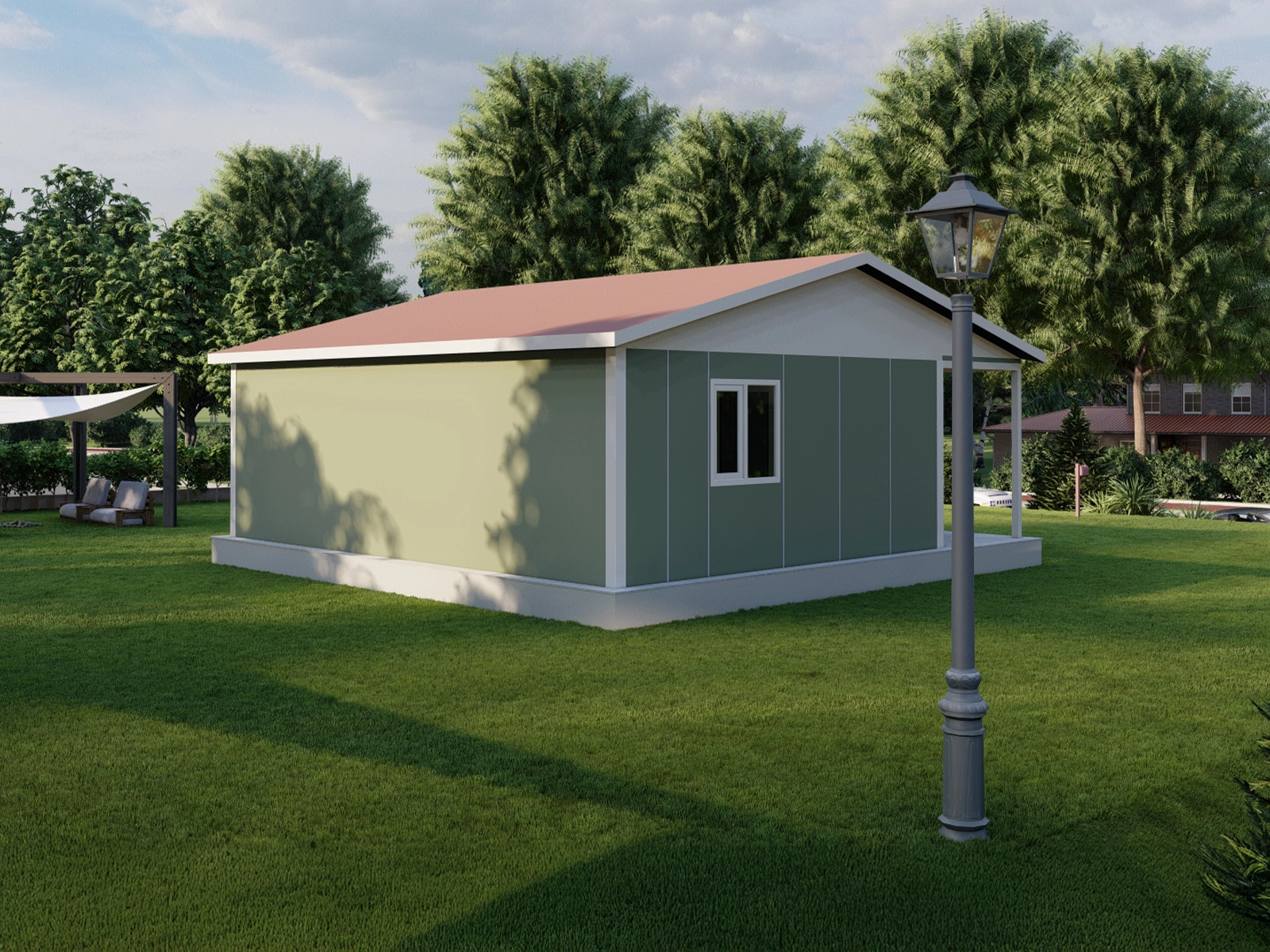 AP-1065 tek kat prefabrik ev arka cephe ve bahçe