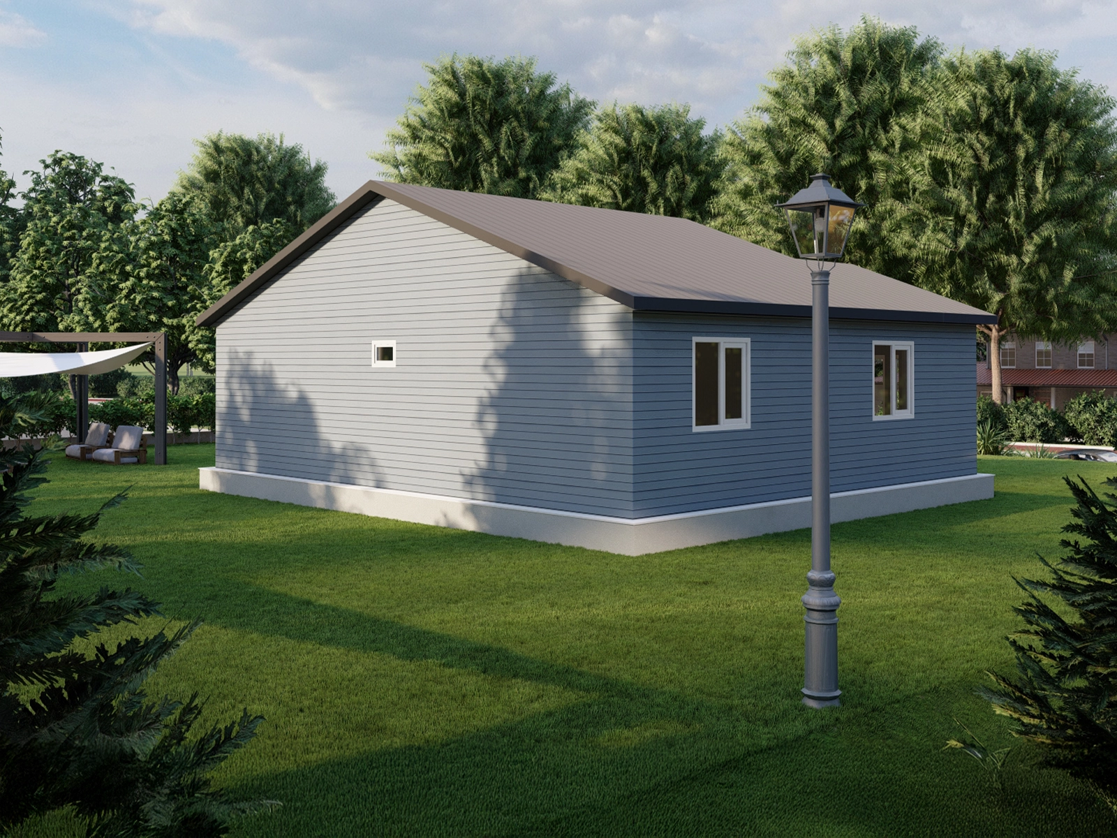 AP-1086 tek kat prefabrik ev arka cephe ve bahçe