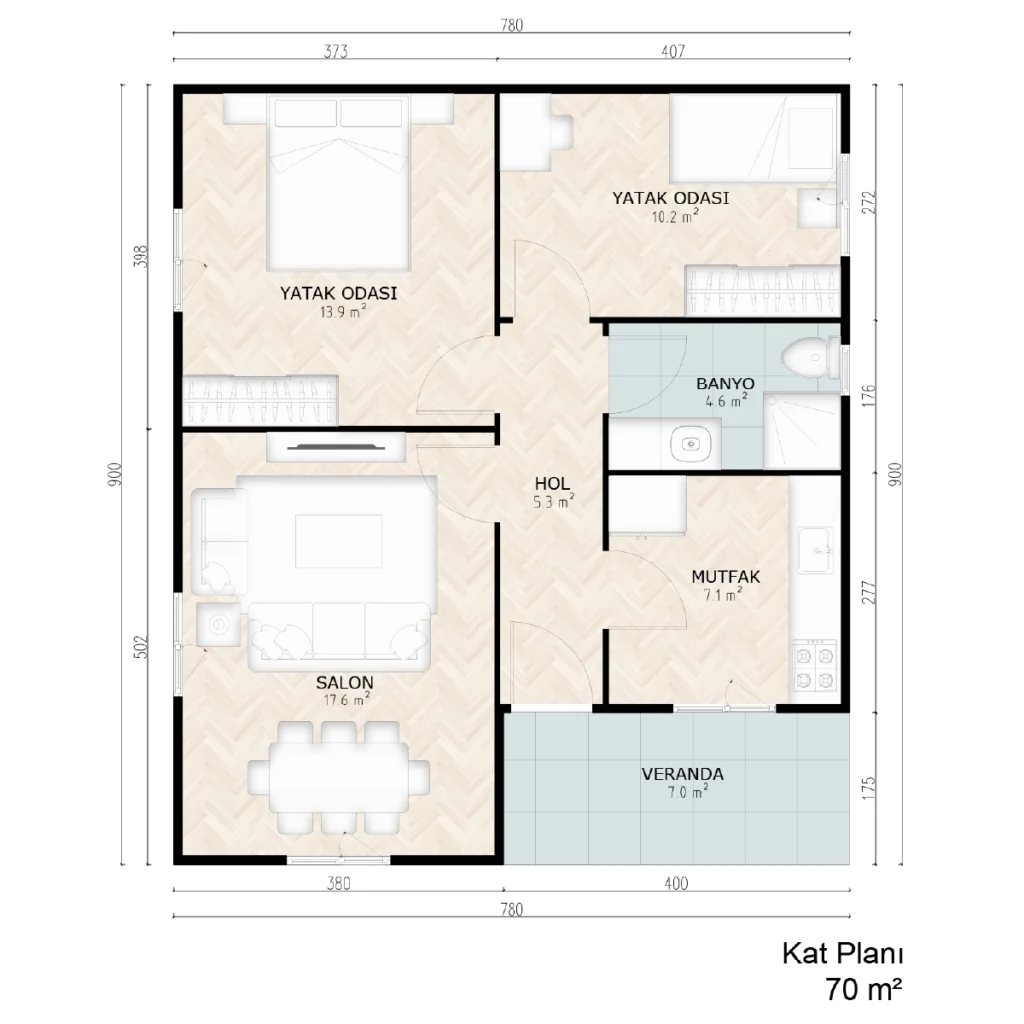 Büyükçekmece hafif çelik yapı üretiminde 70 m2 proje planı, verandalı